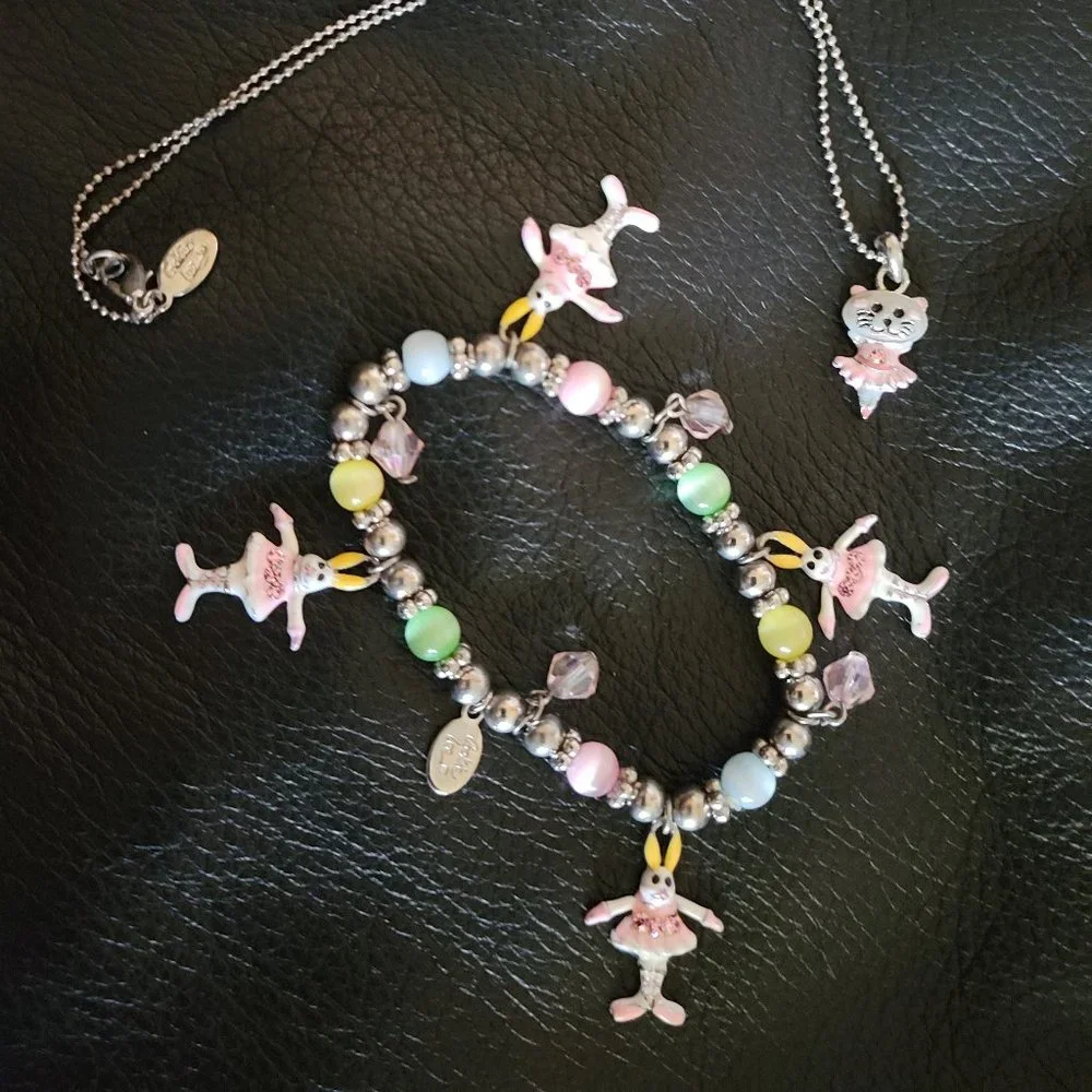 Cookie Lee Kids Bunny and Cat Ballerina Bracelet‎ and Necklace set 2 piece set